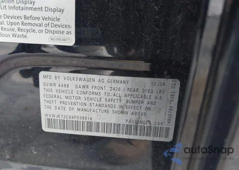 2009 Volkswagen Passat Komfort z USA, uszkodzony, nr VIN WVWJK73C69P038916